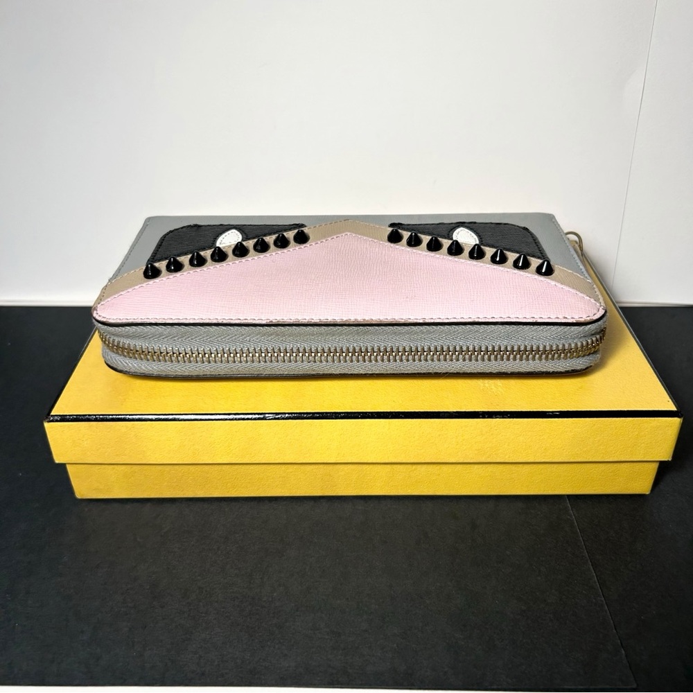 Fendi Monster Eyes Cont. Zip Around Leather Wallet Full Inclusion Pink/Gray/Stud - Picture 6 of 16